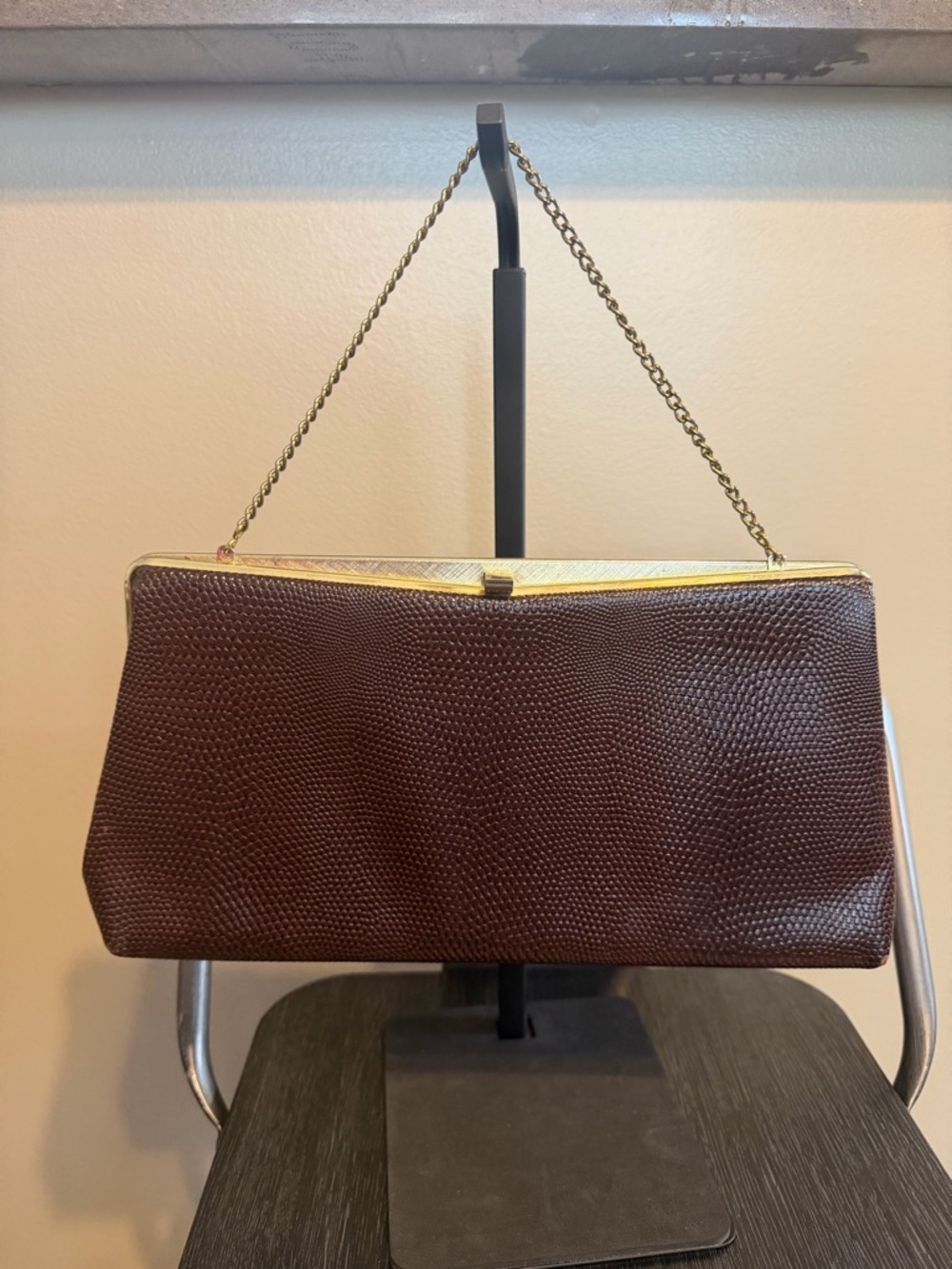 Vintage Brown Textured Frame-Top Chain Handle Bag